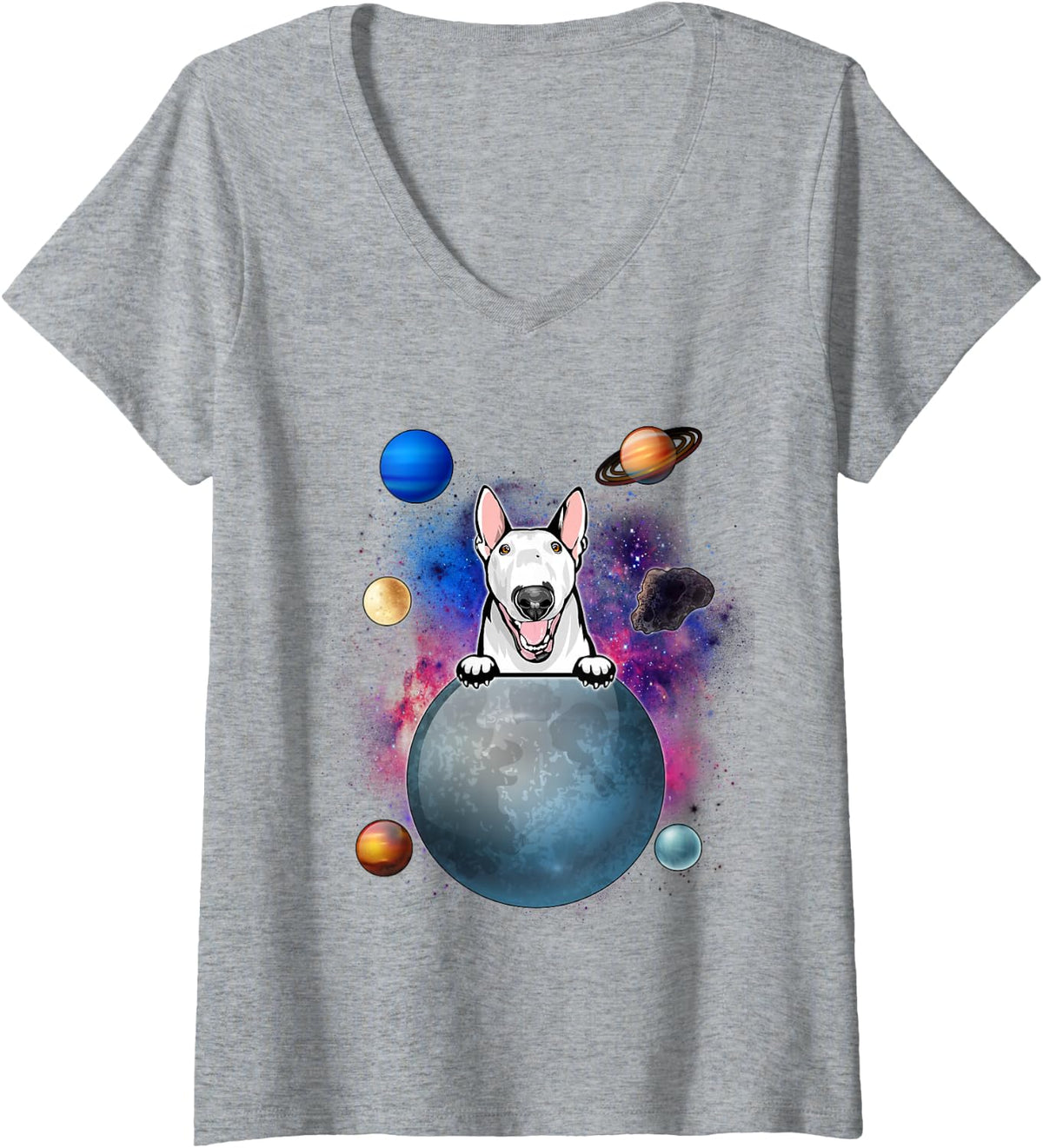 Women's Bull Terrier On The Moon Galaxy Funny Puppy Spcae Dog Lover V-Neck T-Shirt - Heather Grey
