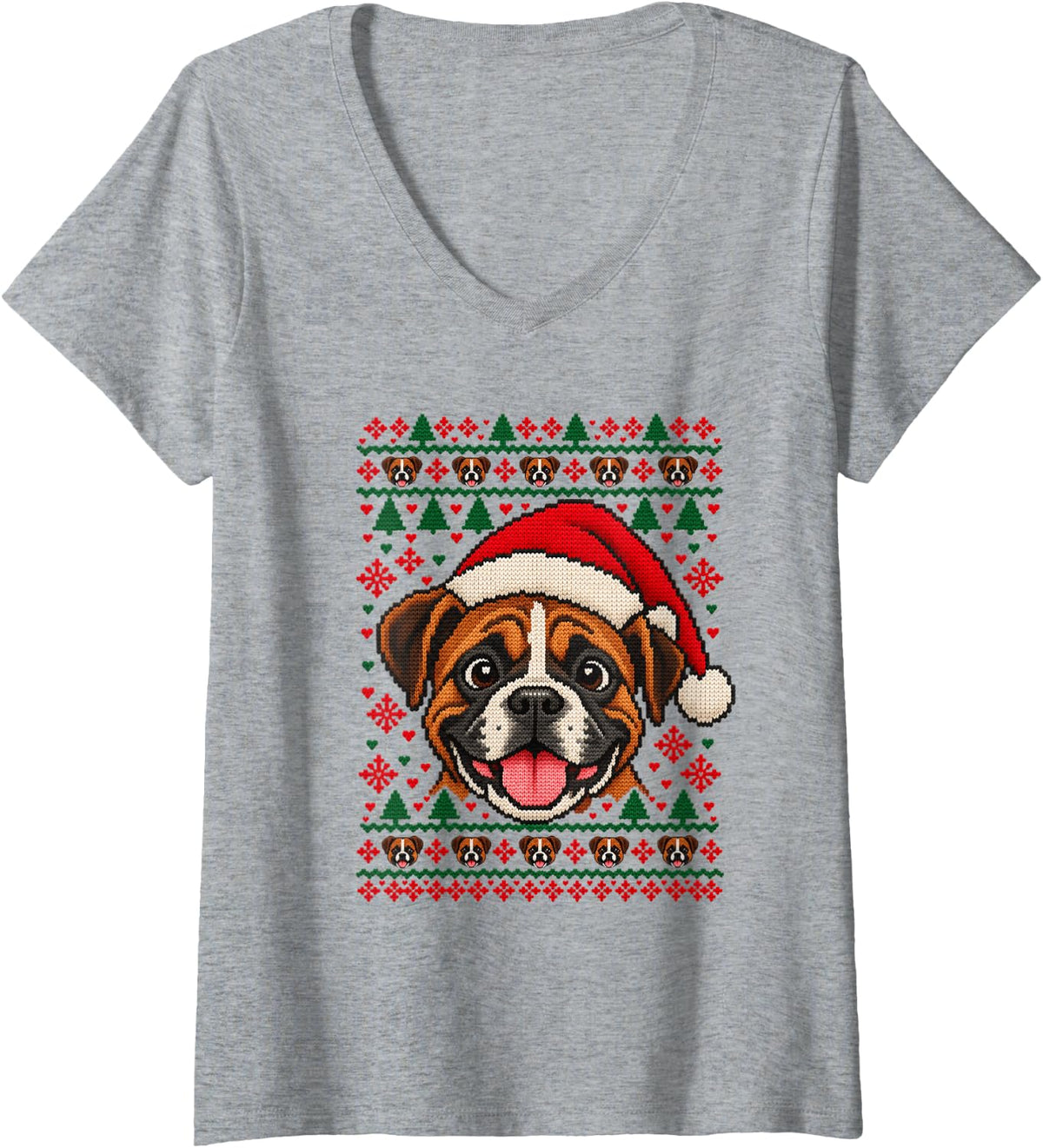 Women's Happy Boxer Christmas Santa Hat Sweater Men Women V-Neck T-Shirt - Heather Grey