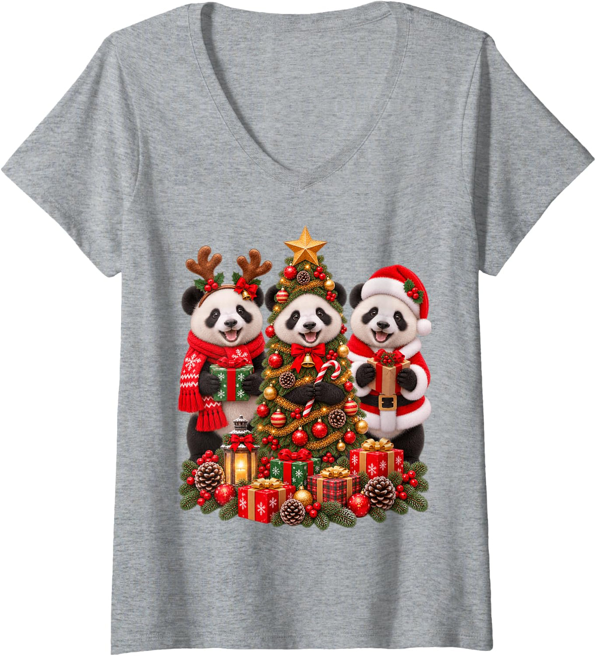 Women's Retro Christmas Panda Santa Reindeer Animal Lover V-Neck T-Shirt - Heather Grey