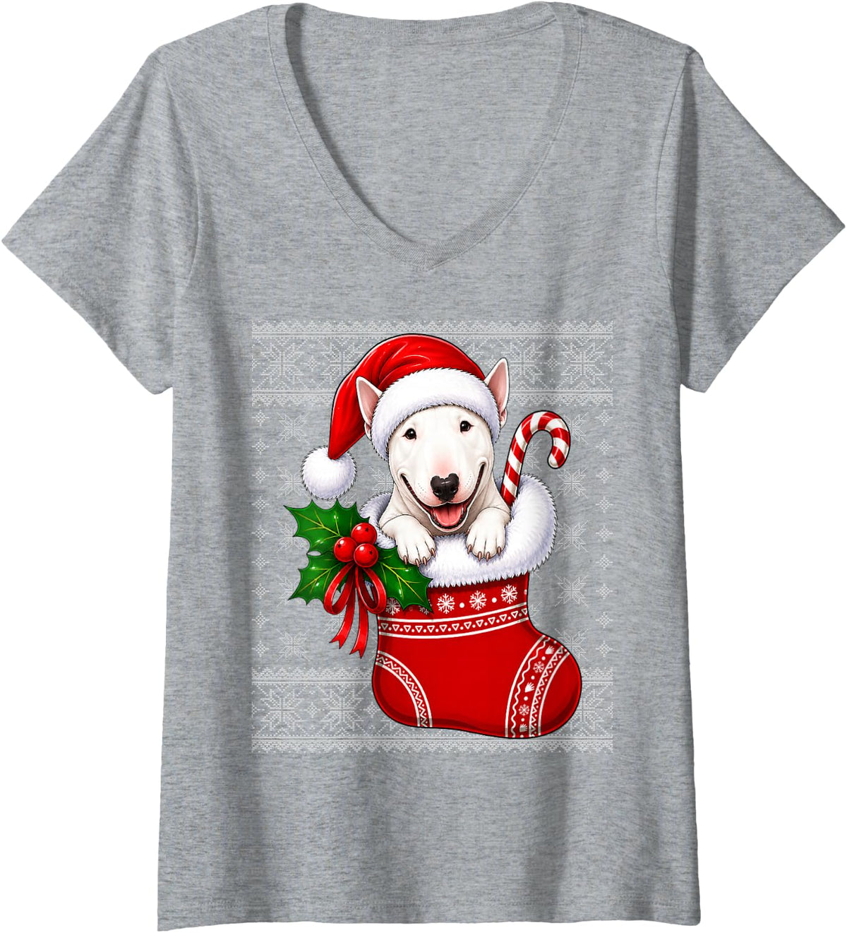 Women's Bull Terrier Dog Christmas Stocking Cute Festive Ugly Xmas V-Neck T-Shirt - Heather Grey