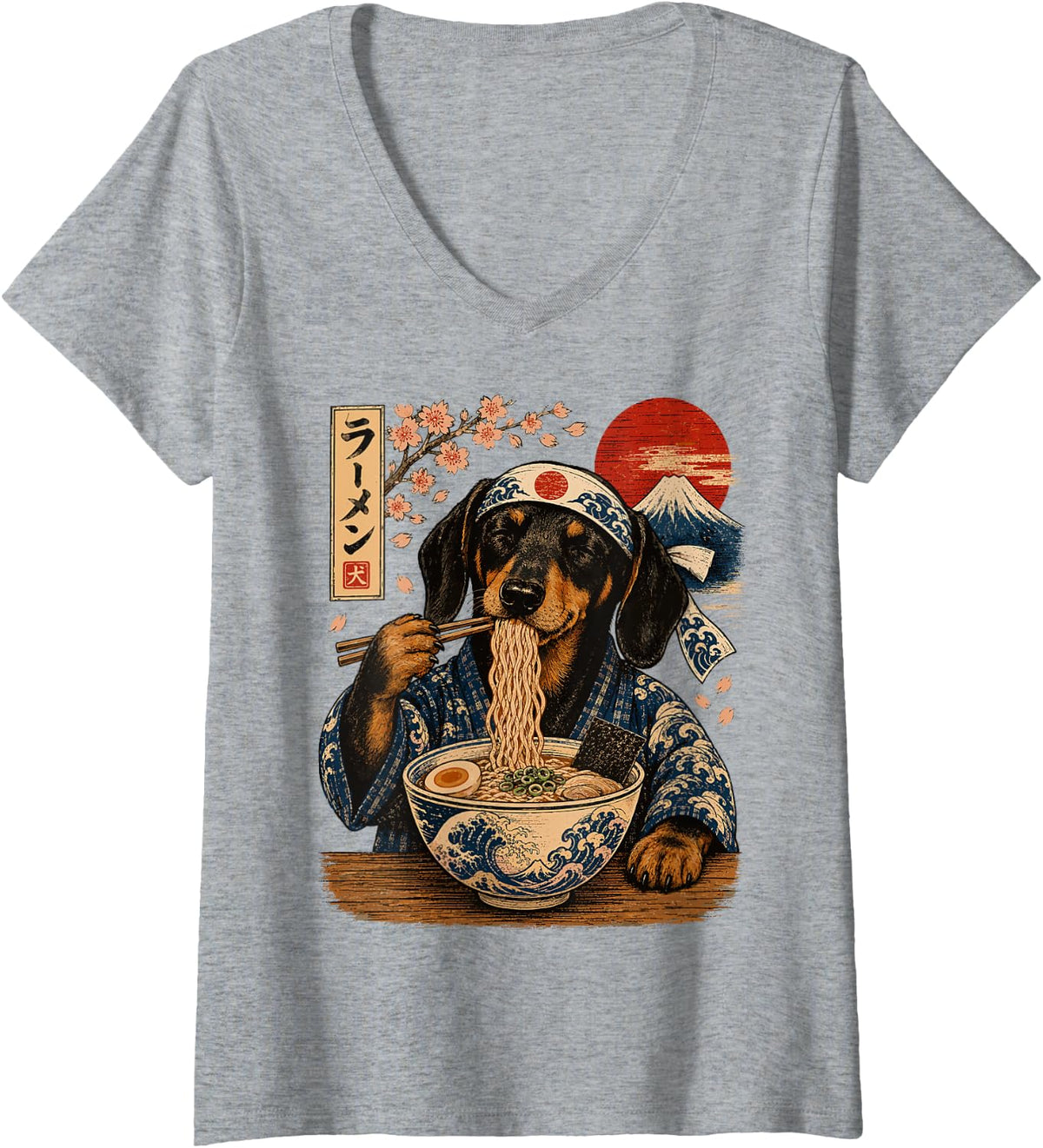Women's Dachshund Dog Eating Ramen Japanese Wiener Dog V-Neck T-Shirt - Heather Grey