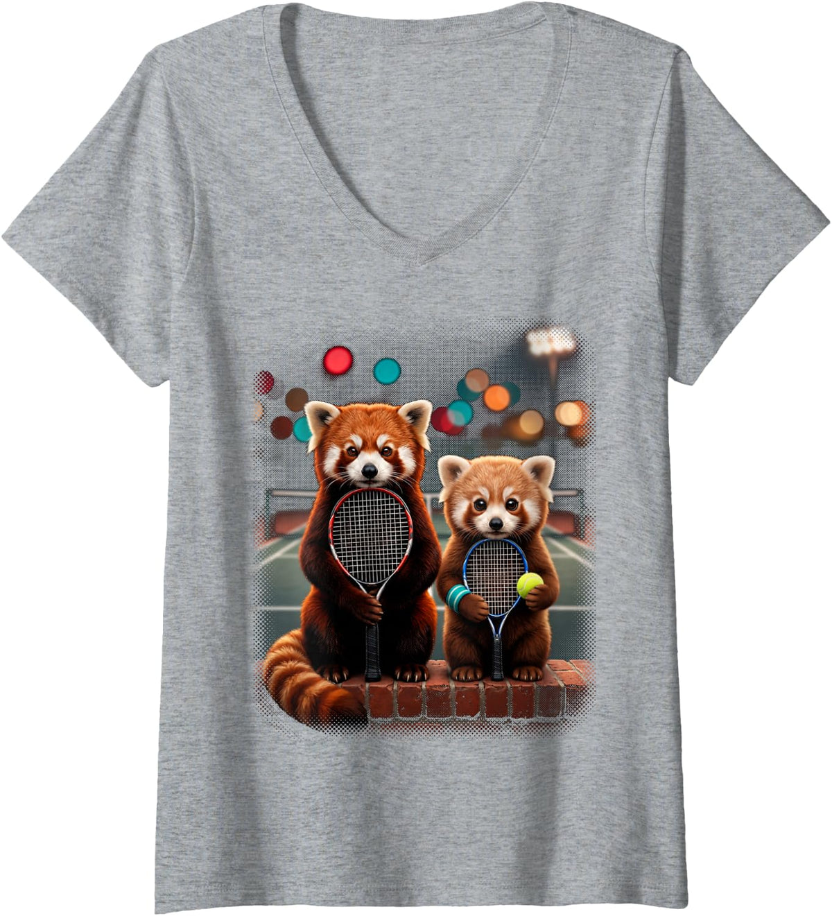 Women's Mommy and Me Matching Tennis Outfits Red Panda Graphic V-Neck T-Shirt - Heather Grey