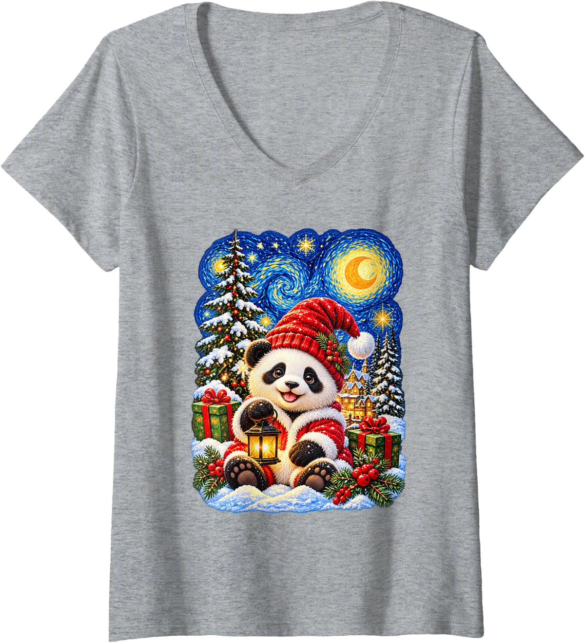 Women's Christmas Panda Van Gogh Starry Sky for Men Women V-Neck T-Shirt - Heather Grey