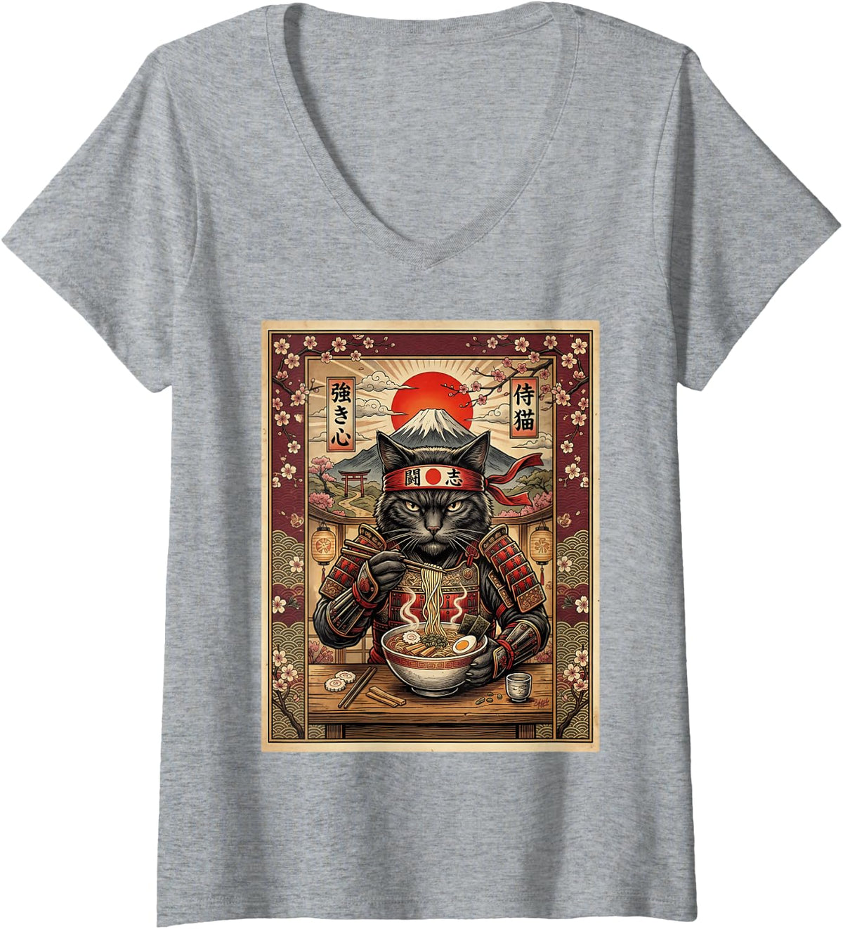 Women's Ramen Noodles Cat Japan Graphic Samurai Warrior Manga Snack V-Neck T-Shirt - Heather Grey