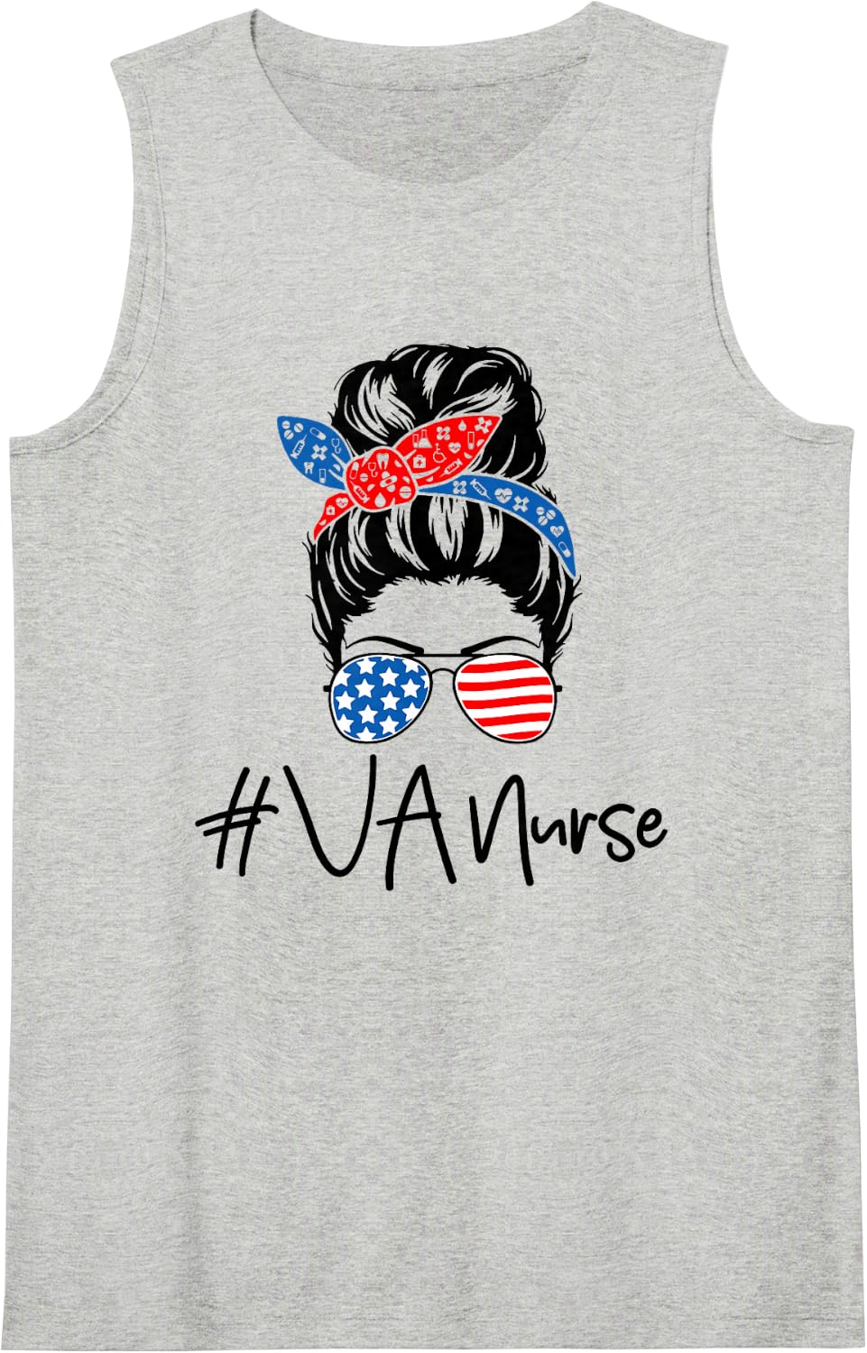 VA Nurse Messy Bun Women USA Flag Patriotic 4th of July 2024 Sleeveless Tank Top - Heather Grey