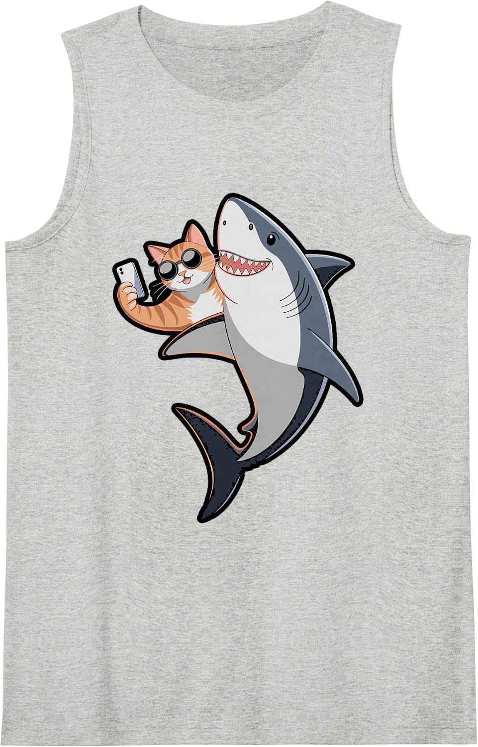 Cat Selfie Shark Photobomb Funny Tank Top - Heather Grey