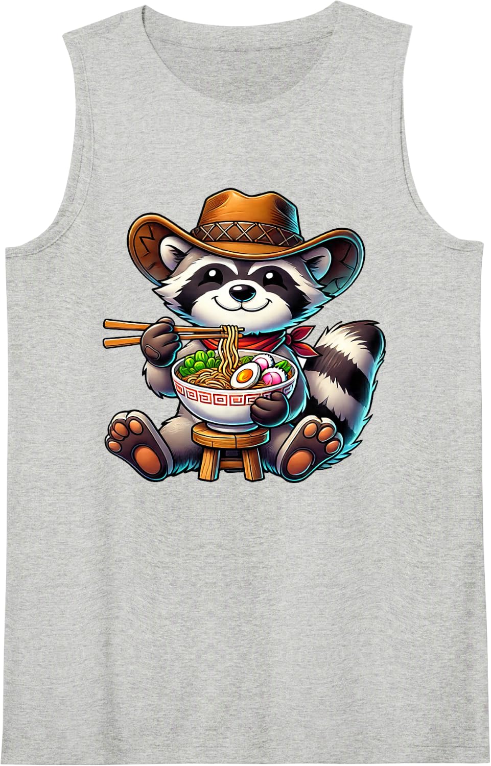 Raccoon Eating Japanese Noodles Kawaii Ramen Bowl Cute Sleeveless Tank Top - Heather Grey