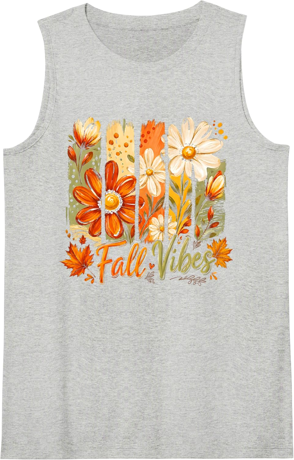 Cute Fall Vibes Autumn Daisy Leaves Boho Floral Thanksgiving Sleeveless Tank Top - Heather Grey