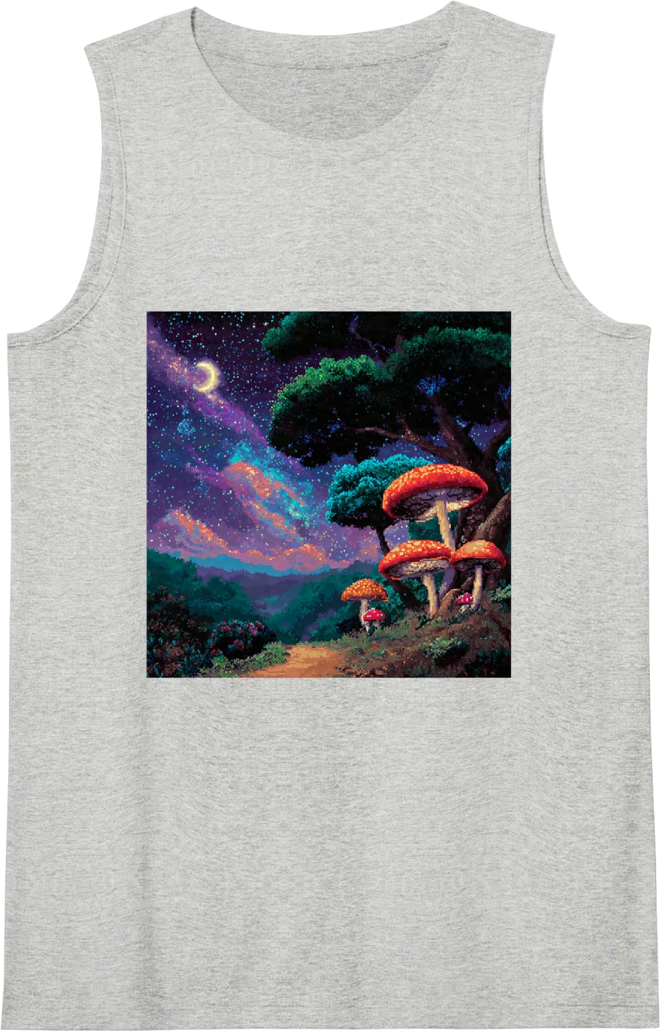Pixel Art Mushroom Forest Night Sky Cosmos Landscape Tank Top - Heather Grey
