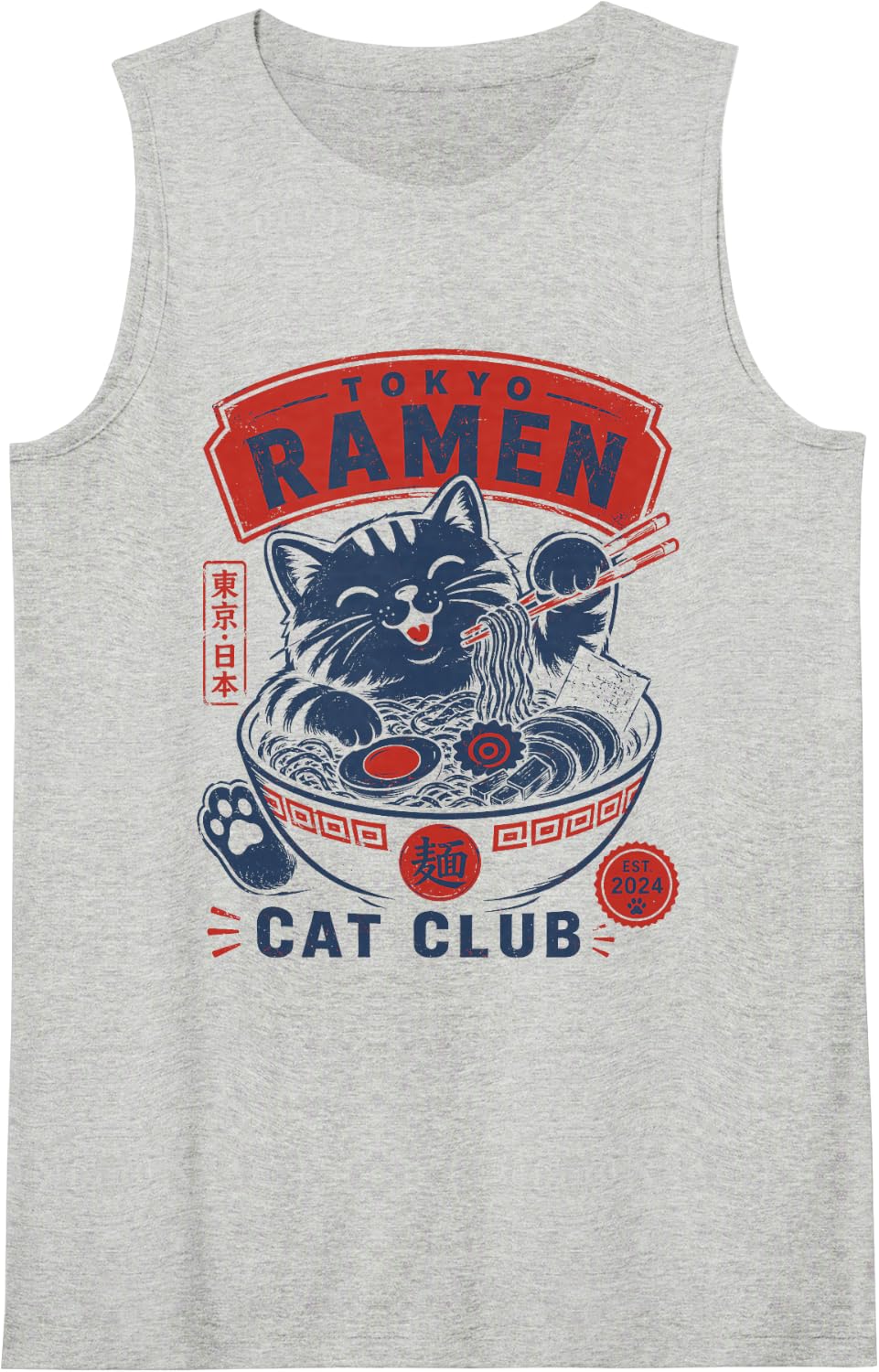 Tokyo Ramen Cat Club Cute Japanese Noodle Bowl Art Sleeveless Tank Top - Heather Grey
