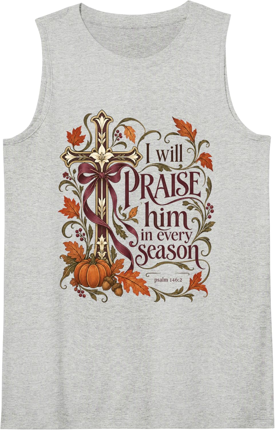 Christian Fall Bible Verse Cross Thanksgiving Sleeveless Tank Top - Heather Grey