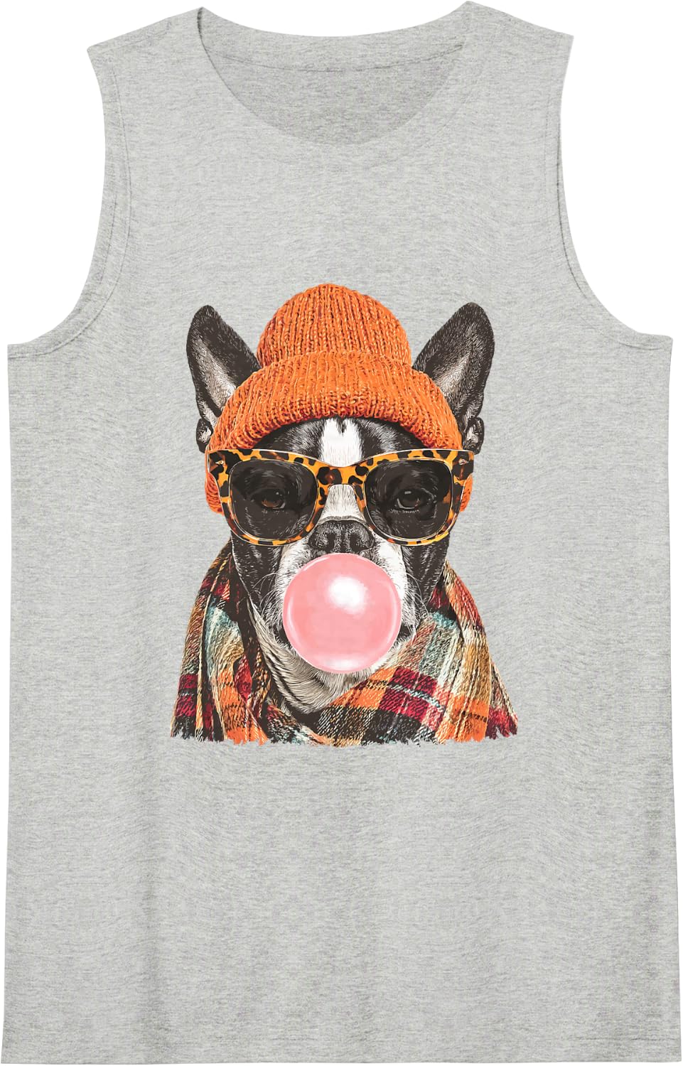 Fall Boston Terrier with Sunglasses Bostie Dog and Bubblegum Sleeveless Tank Top - Heather Grey