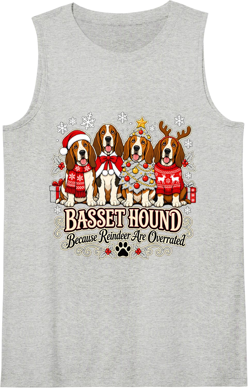 Basset Hound Christmas Because Reindeer are Overrated Sleeveless Tank Top - Heather Grey