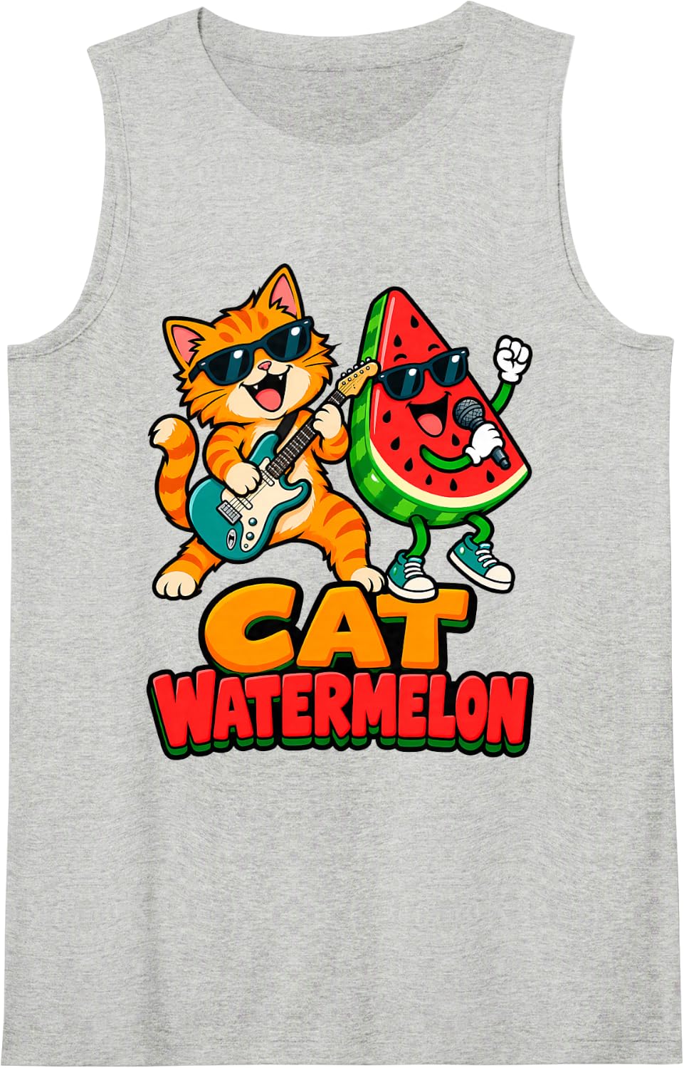 Cat Watermelon Funny Guitarist Singer Animal Fruit Music Duo Sleeveless Tank Top - Heather Grey