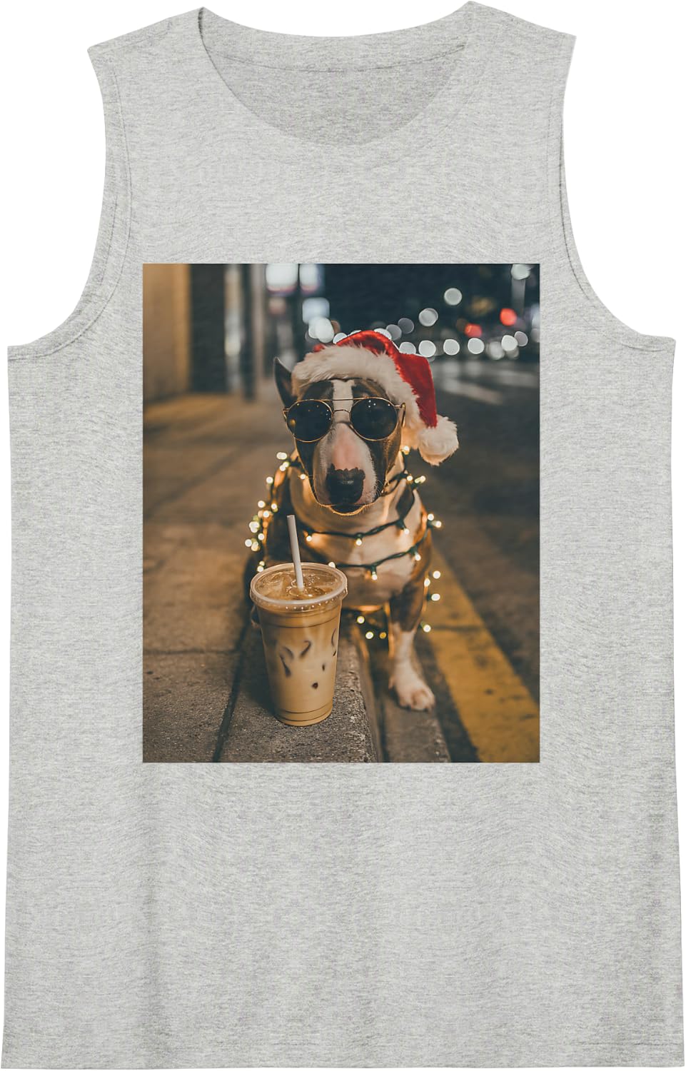 Bull Terrier Drinking Iced Coffee Santa Dog Lovers Christmas Sleeveless Tank Top - Heather Grey