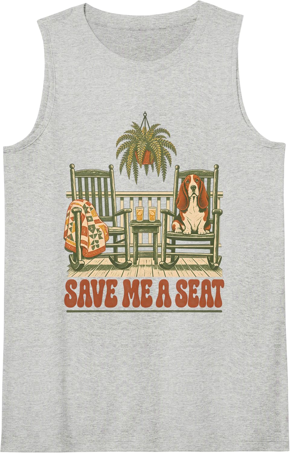 Save Me A Seat Basset Hound Porch Scene Sleeveless Tank Top - Heather Grey