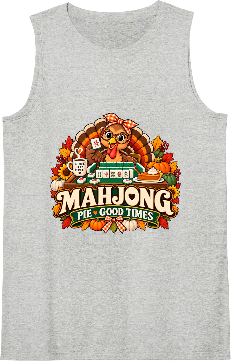 Thanksgiving Mahjong Turkey Fall Game Night Sleeveless Tank Top - Heather Grey