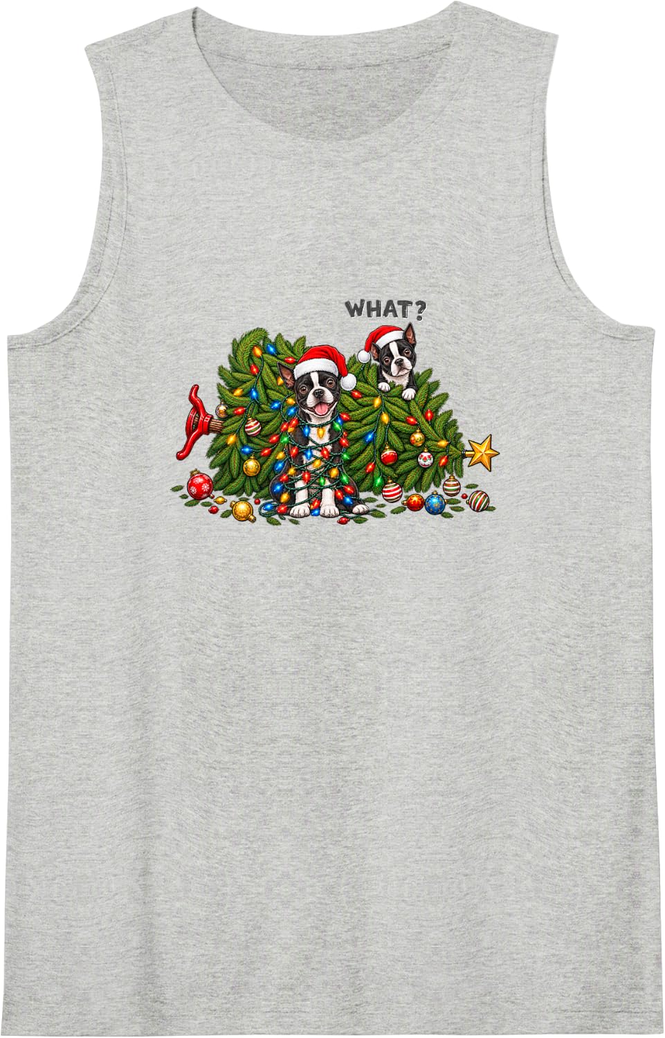 Boston Terrier Christmas Tree Santa Hats Funny Holiday Sleeveless Tank Top - Heather Grey