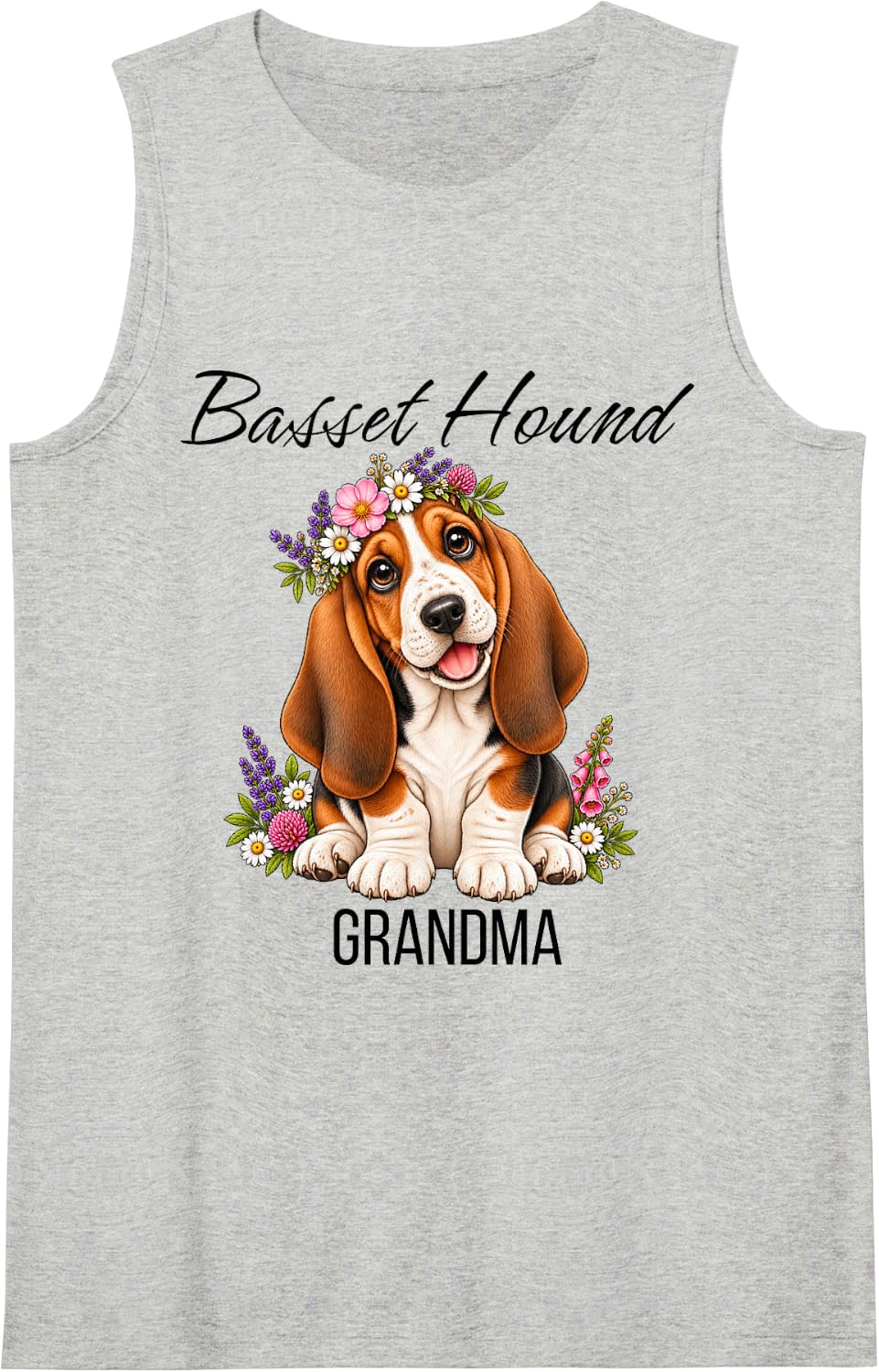 Women's Basset Hound Grandma Cute Floral Puppy Crown Flowers Dog Sleeveless Tank Top - Heather Grey