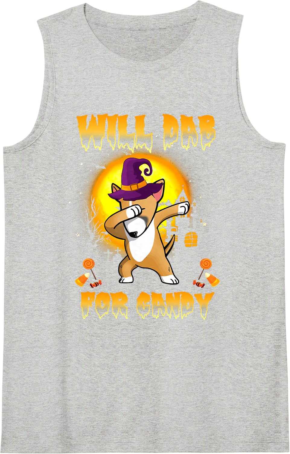 Bull Terrier Dabbing Dog Witch Will Dab for Candy Halloween Sleeveless Tank Top - Heather Grey