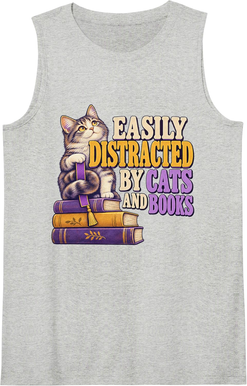 Easily Distracted BY Cats and Books cat Lover Book Reader Sleeveless Tank Top - Heather Grey