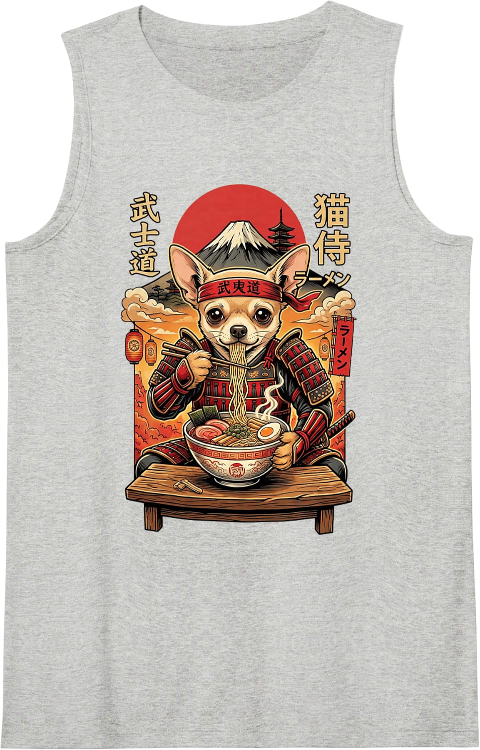 Chihuahua Dog Ramen Kawaii Japan Samurai Graphic Snack Sleeveless Tank Top - Heather Grey