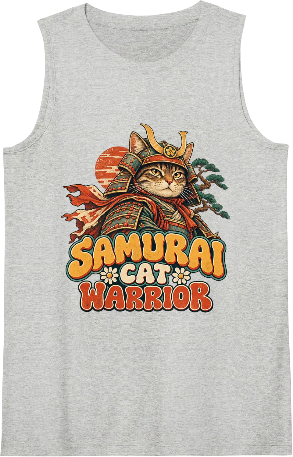Samurai CAT Warrior Ukiyo Samurai cat Lover Warrior Ink Sleeveless Tank Top - Heather Grey