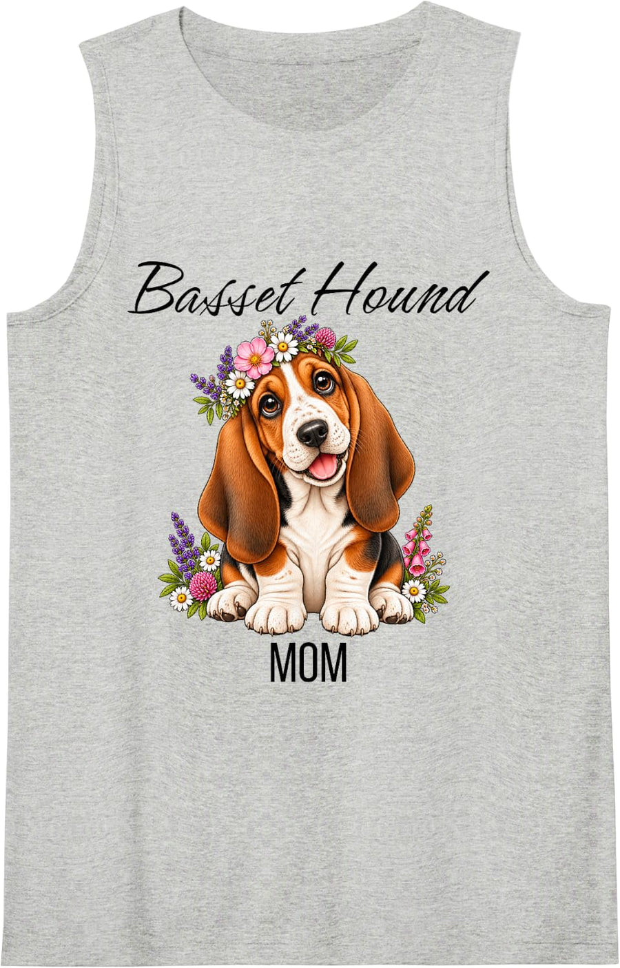 Women's Basset Hound Mom Cute Floral Puppy Crown Flowers Dog Sleeveless Tank Top - Heather Grey