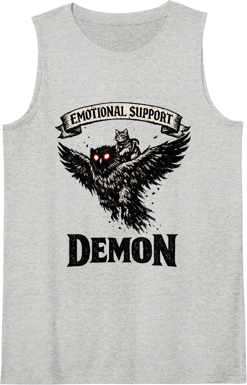 Emotional Support Demon Funny Cat Riding Owl Woodcut Humor Sleeveless Tank Top - Heather Grey