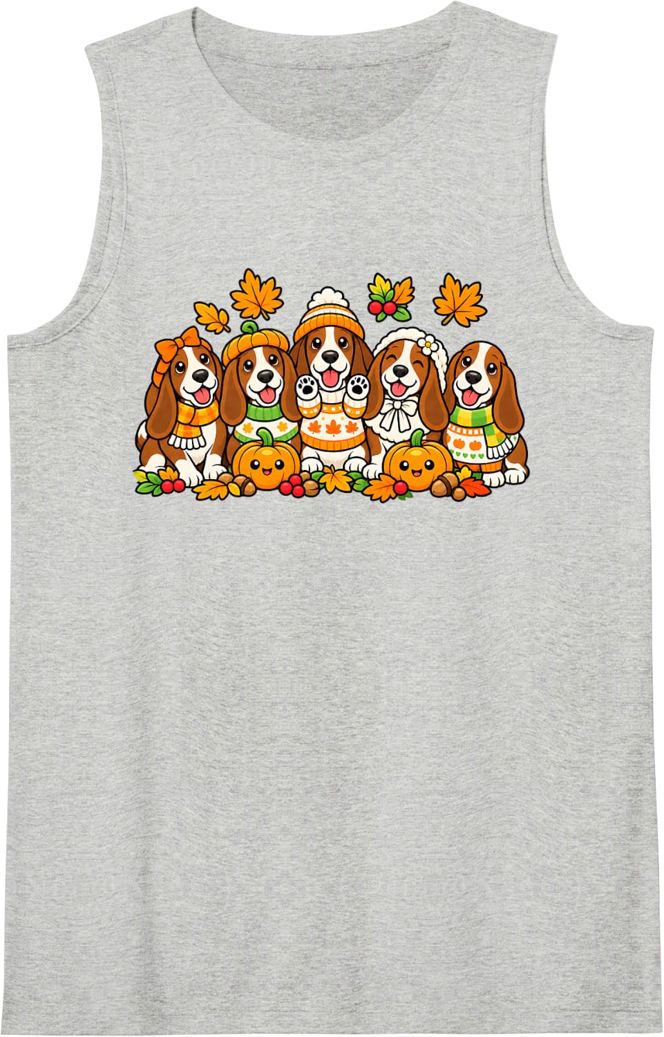 Cute Basset Hound Dog Pumpkin Coffee Fall Autumn Halloween Sleeveless Tank Top - Heather Grey
