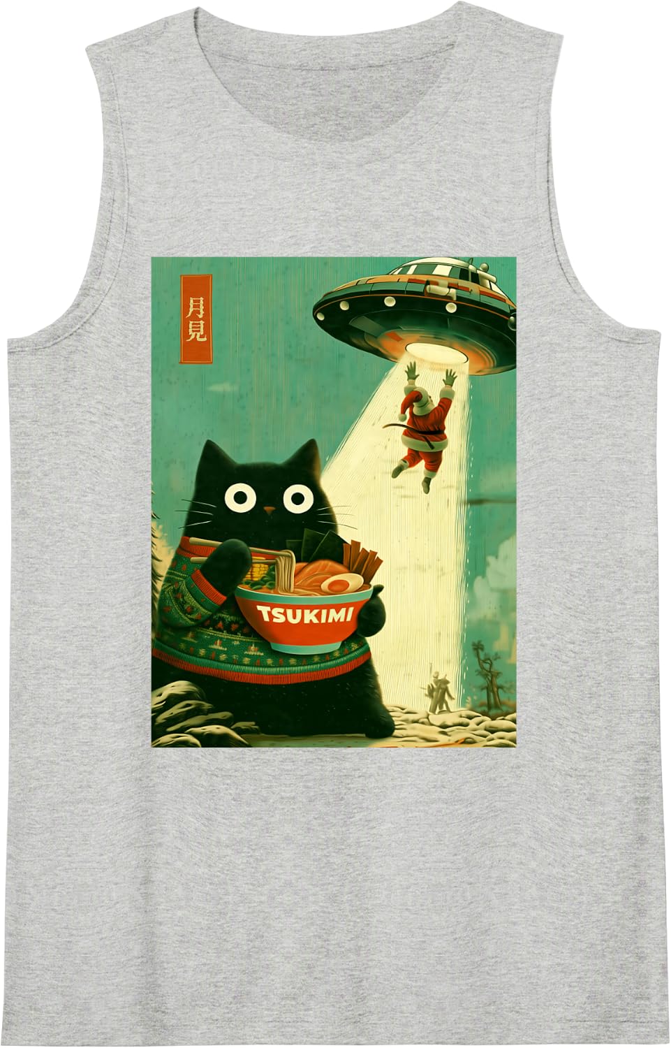 Funny Japanese Cat Eating Ramen Santa UFO Christmas Xmas Sleeveless Tank Top - Heather Grey