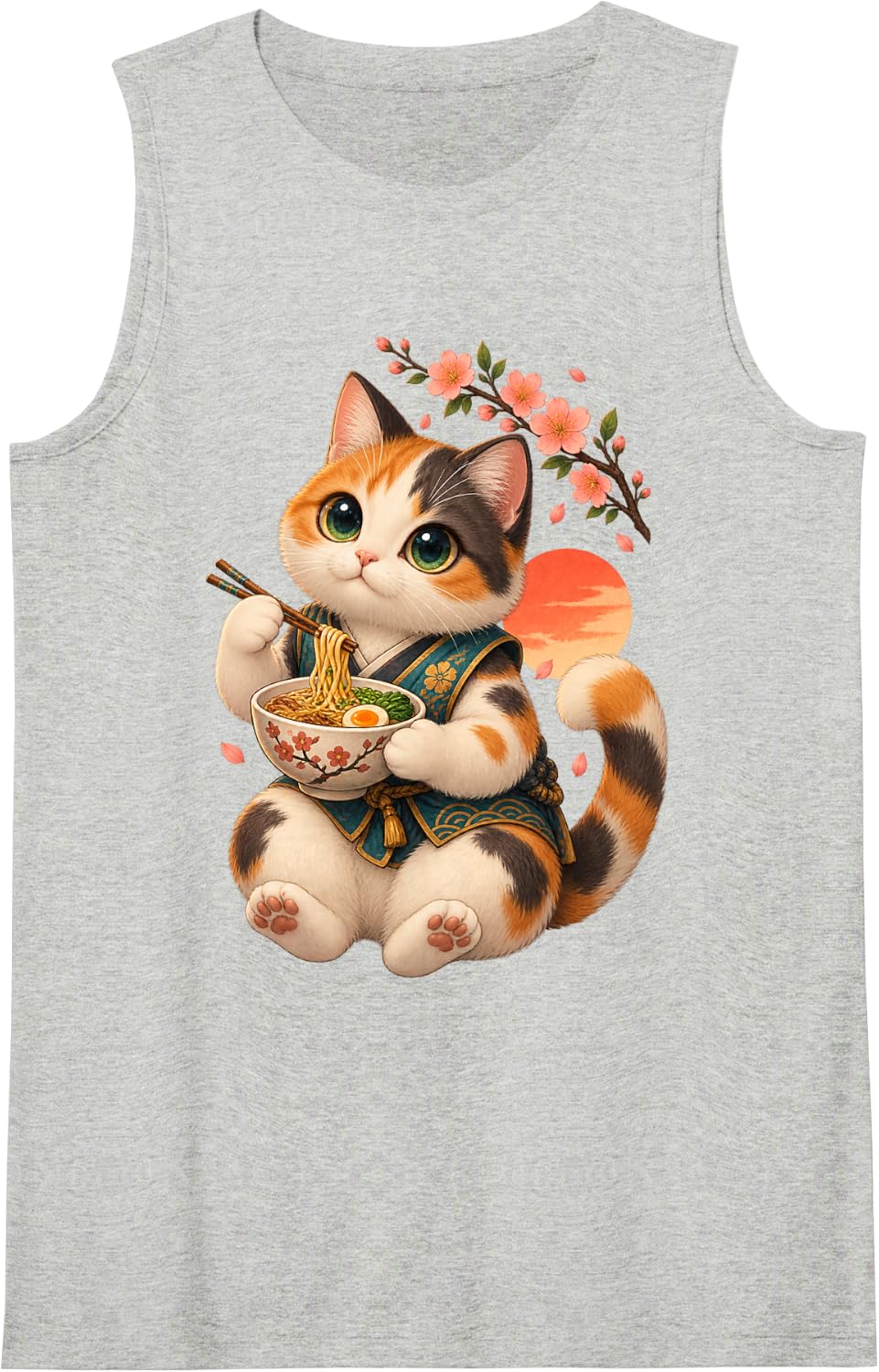 Cute Samurai Cat Ramen Noodle Art Sleeveless Tank Top - Heather Grey