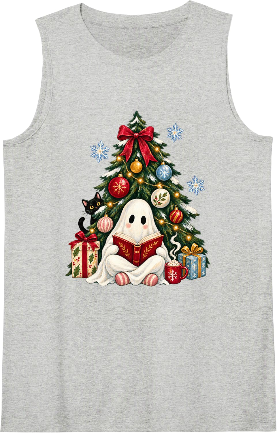 Cute Ghost Reading Book Christmas Tree Cat Spooky Season Tank Top - Heather Grey