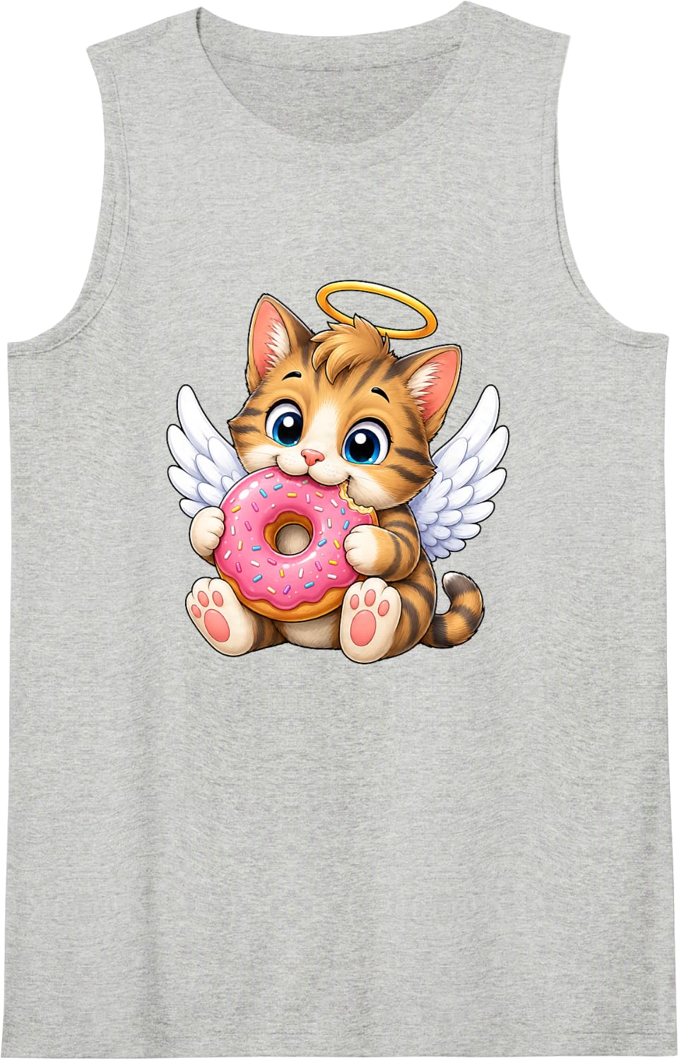 Cute Cat Donut Angel with Wings Cartoon Design Sleeveless Tank Top - Heather Grey