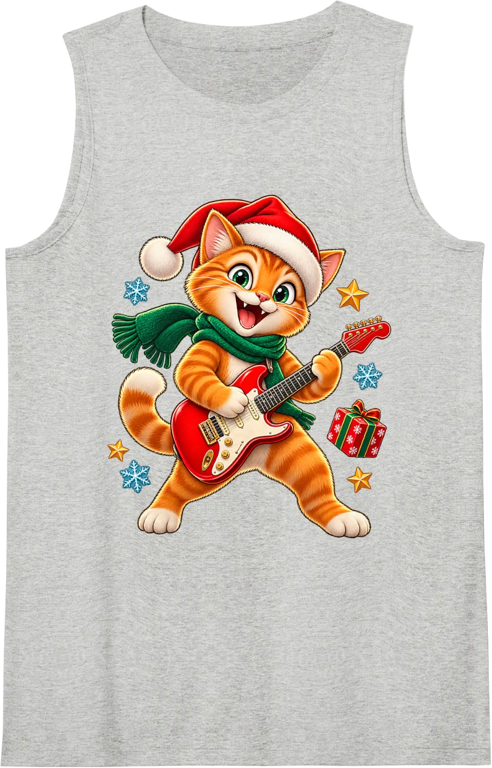 Christmas Cat Guitar Design for Kids Boys Girls Music Lovers Sleeveless Tank Top - Heather Grey
