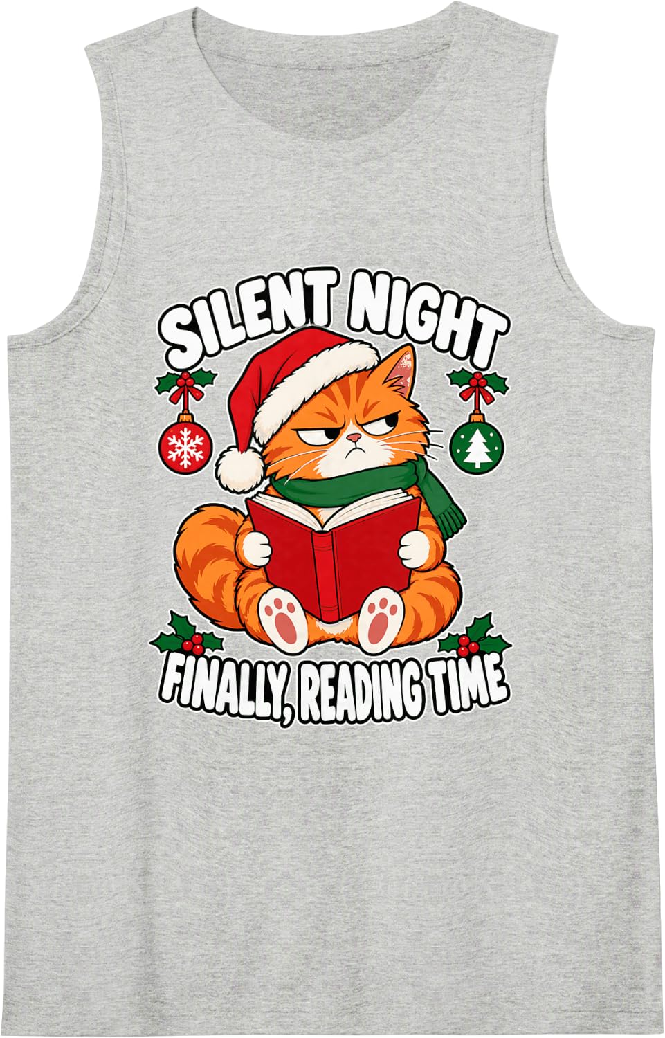 Funny Christmas Reading Cat Book Lover Holiday Bookworm Sleeveless Tank Top - Heather Grey