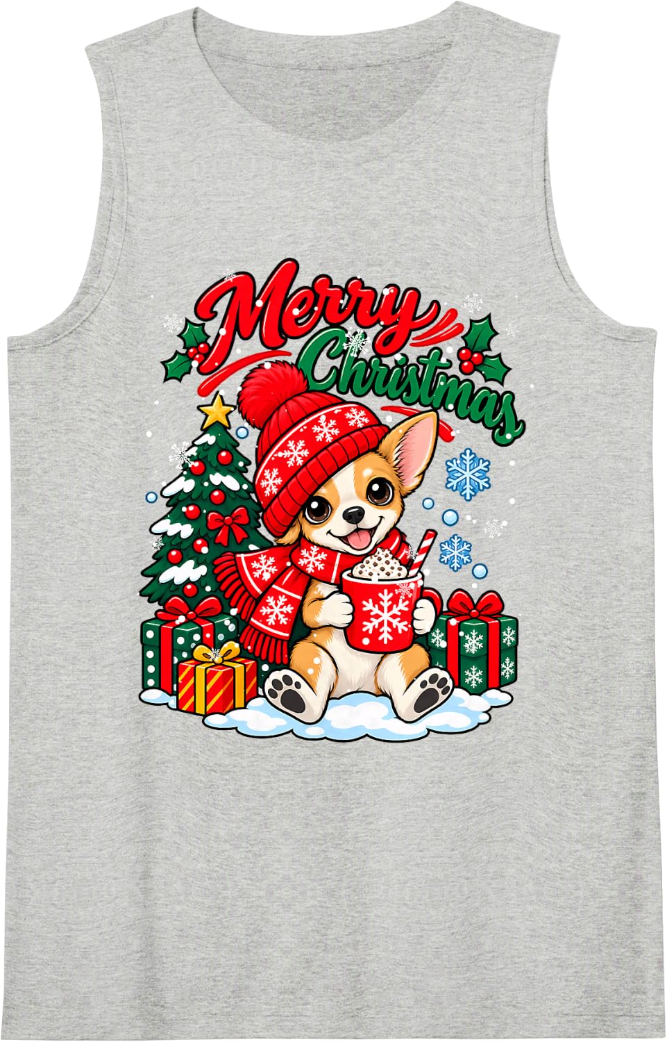 Cute Chihuahua Dog Drink Hot Cocoa Christmas Xmas Sleeveless Tank Top - Heather Grey