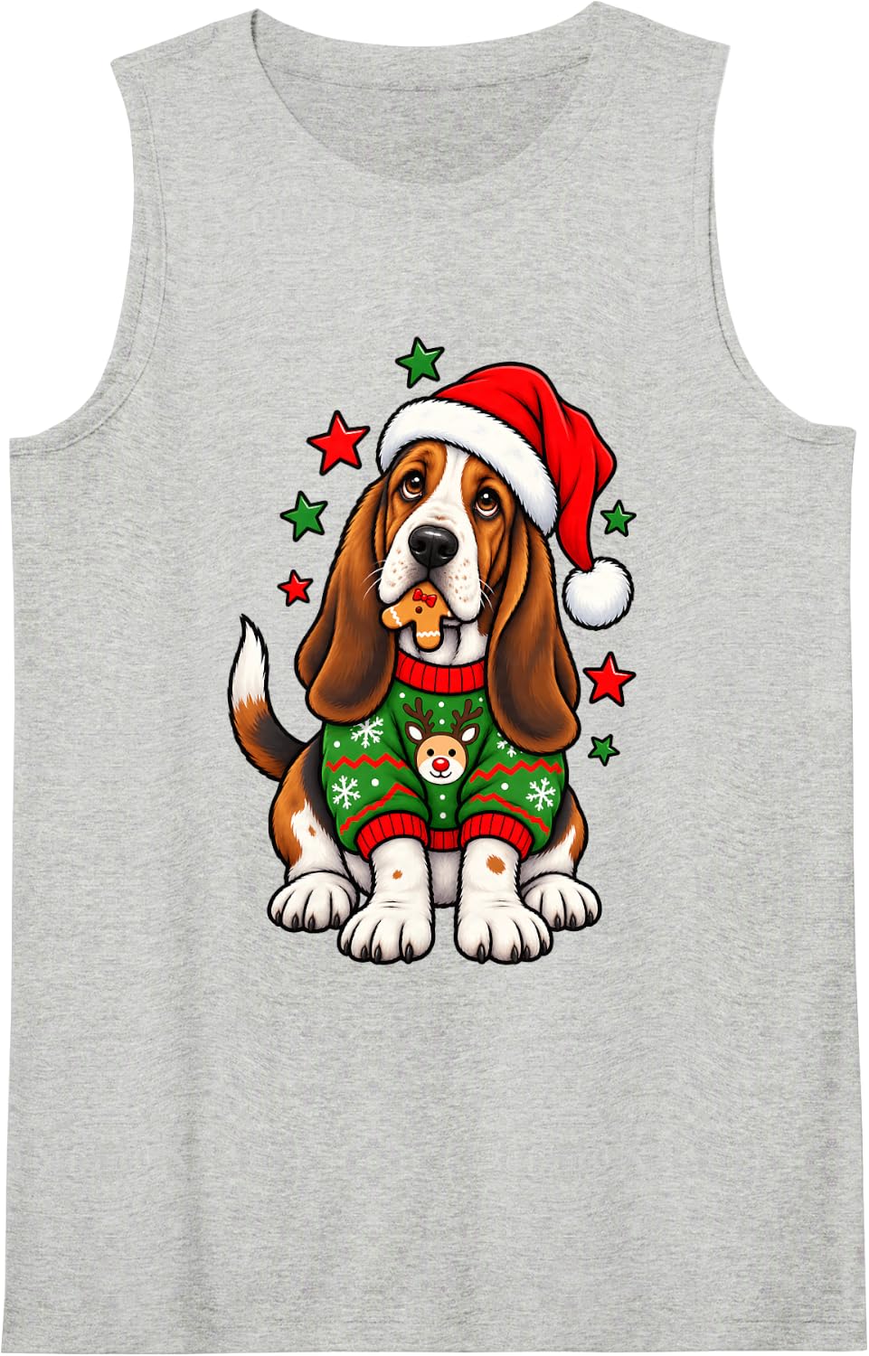 Santa Basset Hound Dog Holding Gingerbread Cookie Christmas Sleeveless Tank Top - Heather Grey