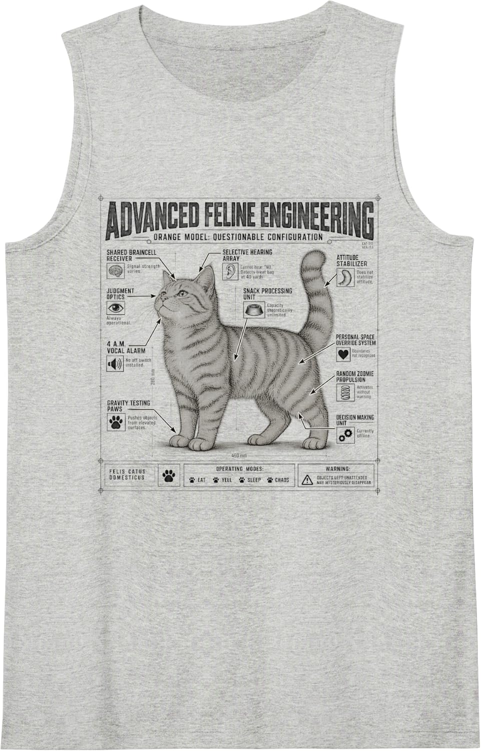 Funny Cat Feline Engineering Anatomy Blueprint Tee Sleeveless Tank Top - Heather Grey