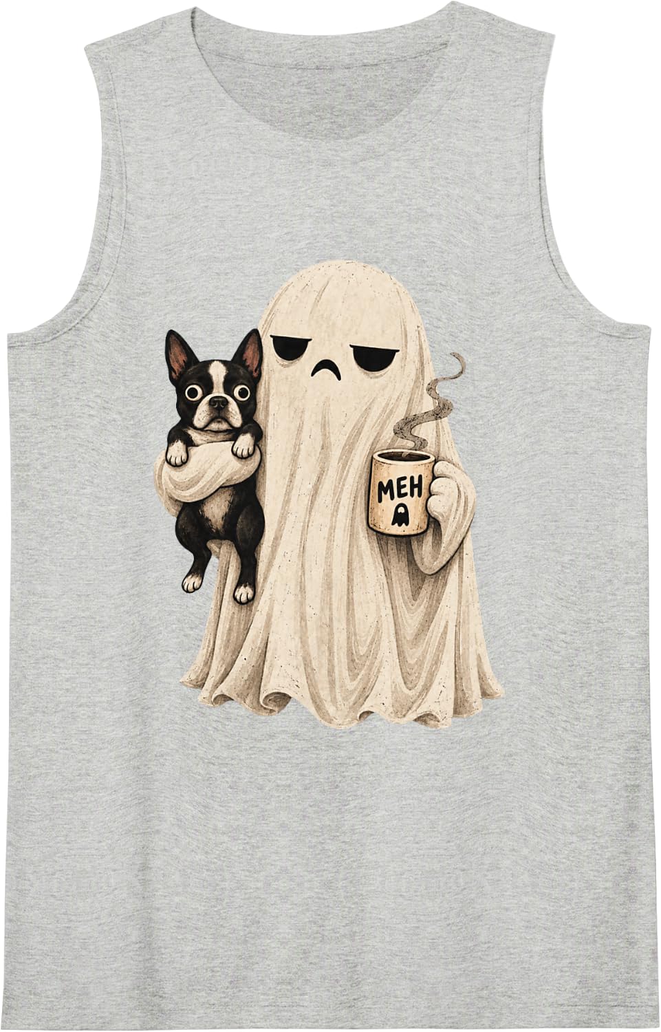 Grumpy Ghost Boston Terrier Holding Coffee Spooky Design Sleeveless Tank Top - Heather Grey