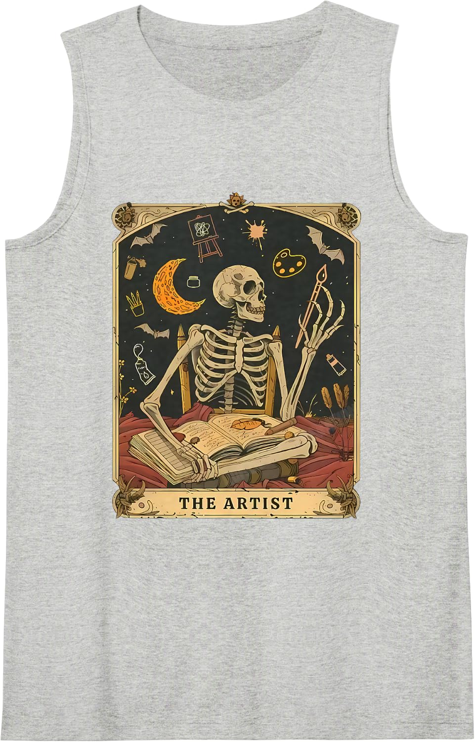 Funny Skeleton The Artist Tarot Card, Halloween Art Teacher Sleeveless Tank Top - Heather Grey