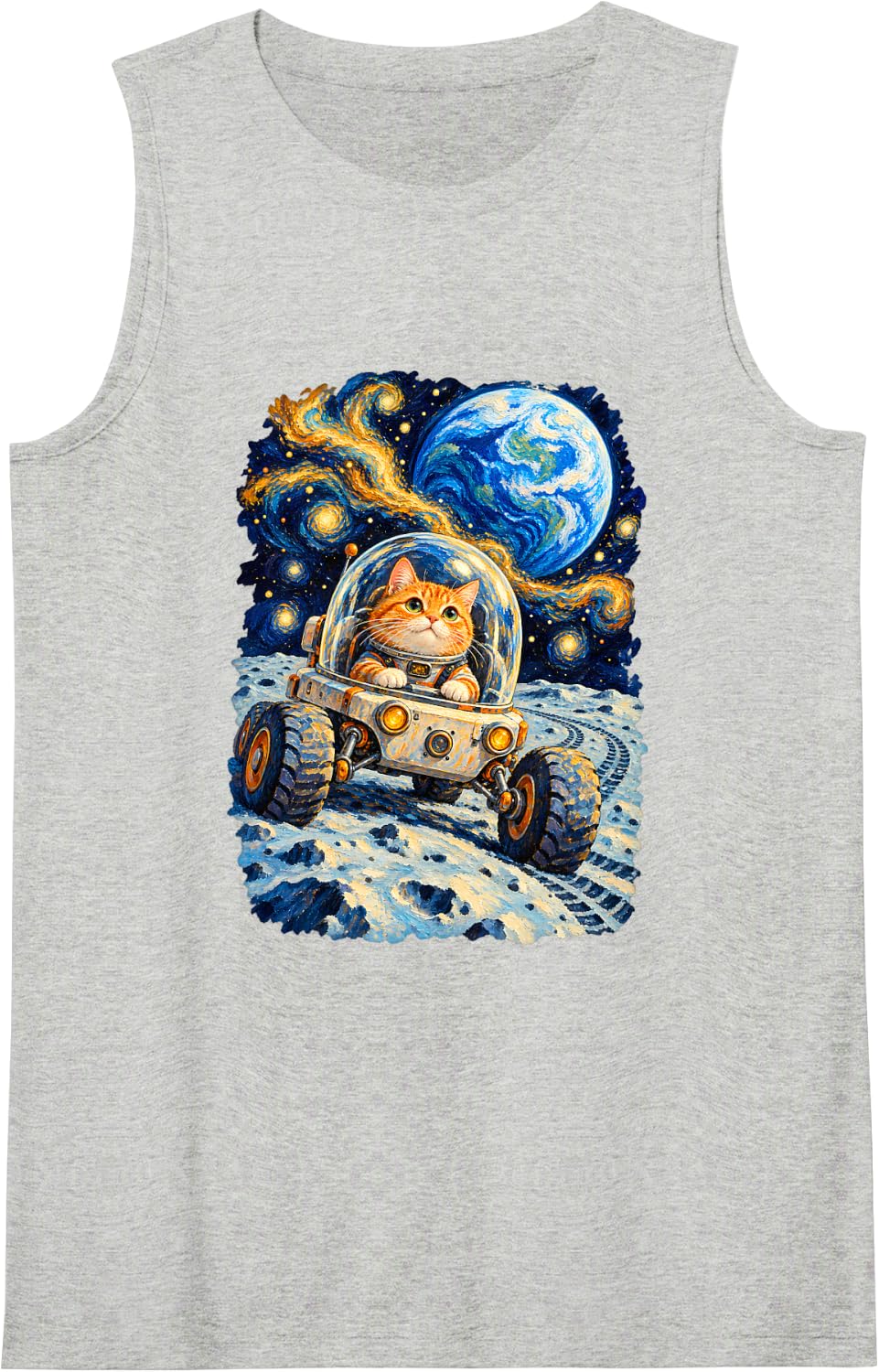 Astronaut Cat Moon Rover Van Gogh Inspired Space Exploration Sleeveless Tank Top - Heather Grey