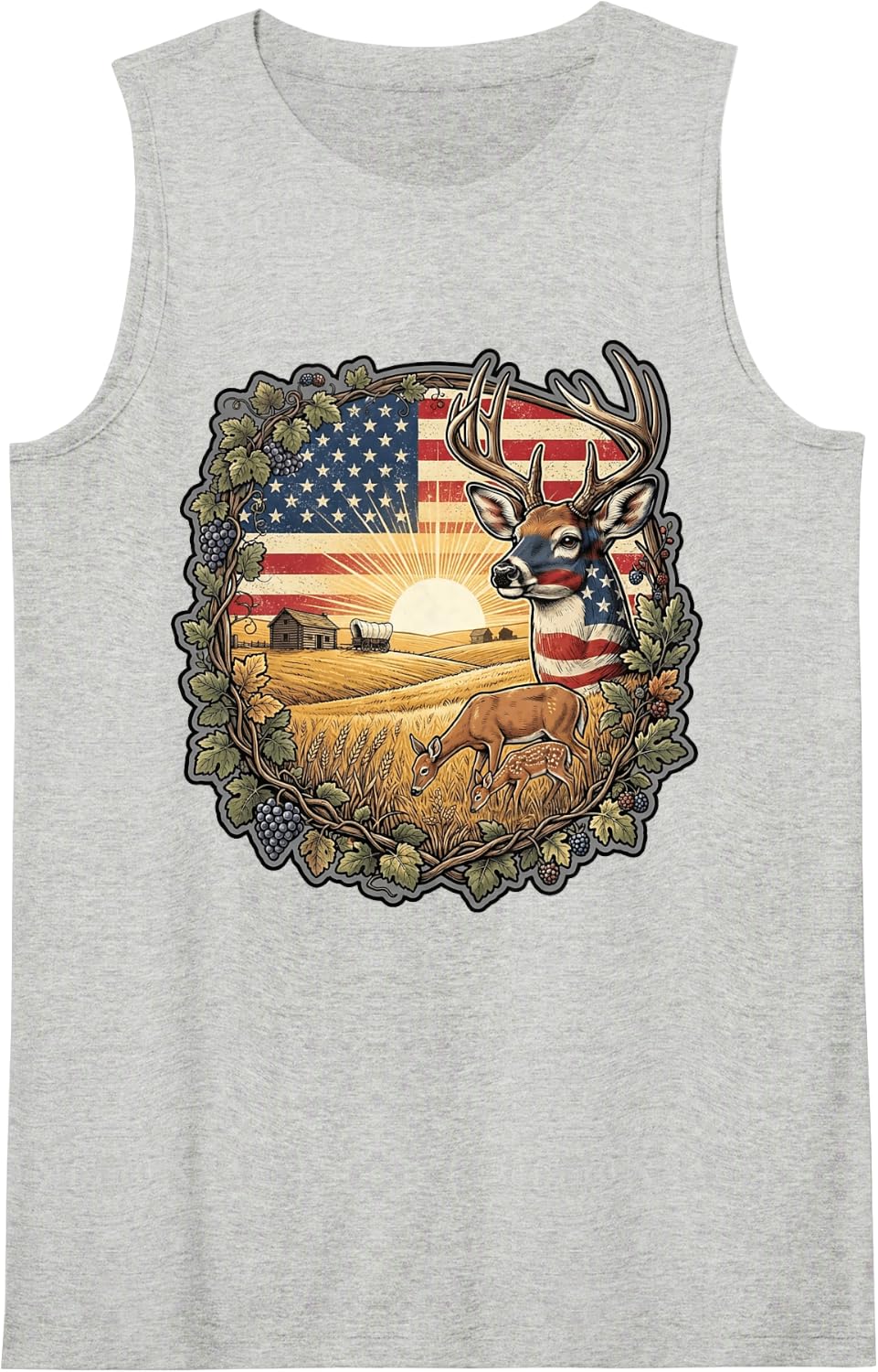 American Flag Deer Farm Sunset Wildlife Country Art Sleeveless Tank Top - Heather Grey