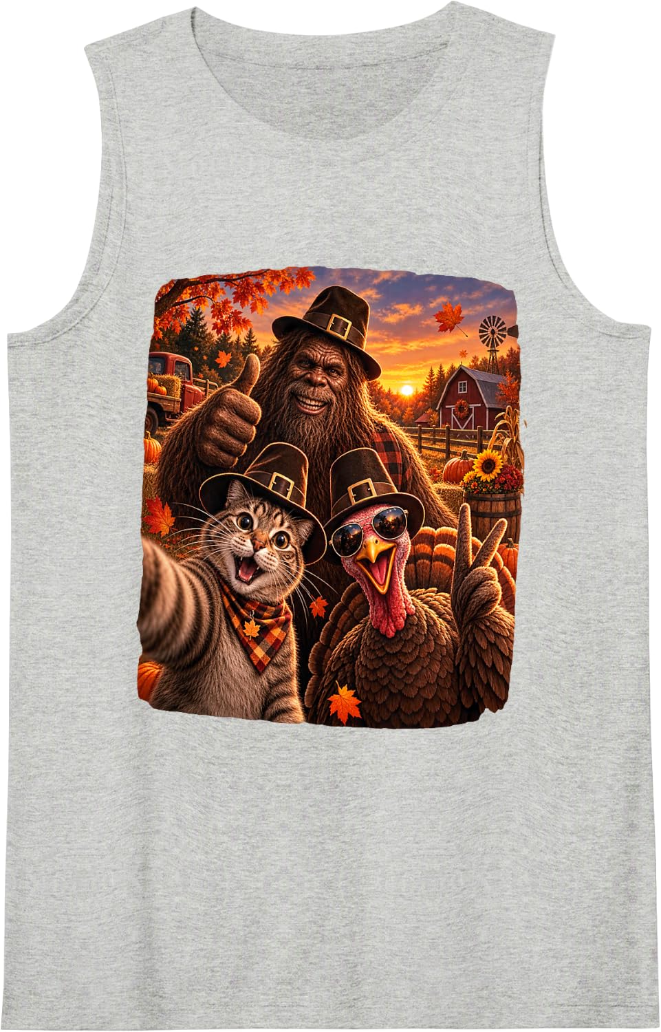 Bigfoot Cat Turkey Selfie Farm Funny Sasquatch Thanksgiving Sleeveless Tank Top - Heather Grey