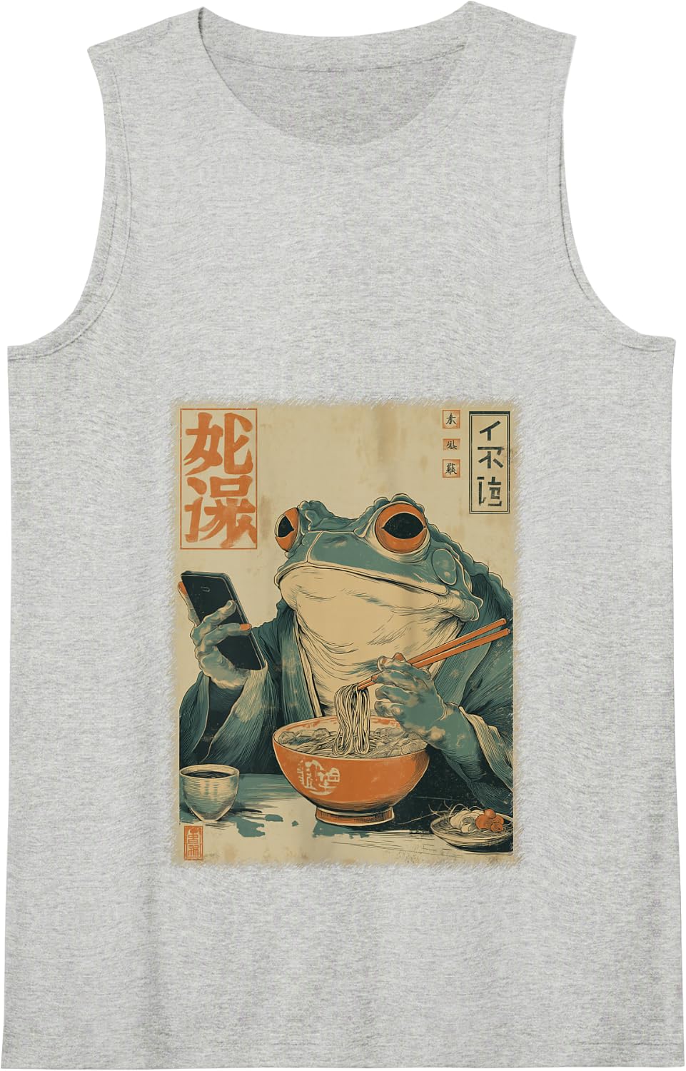 Funny Grumpy Frog Eat Ramen and Scroll Phone Japanese Art Tank Top - Heather Grey