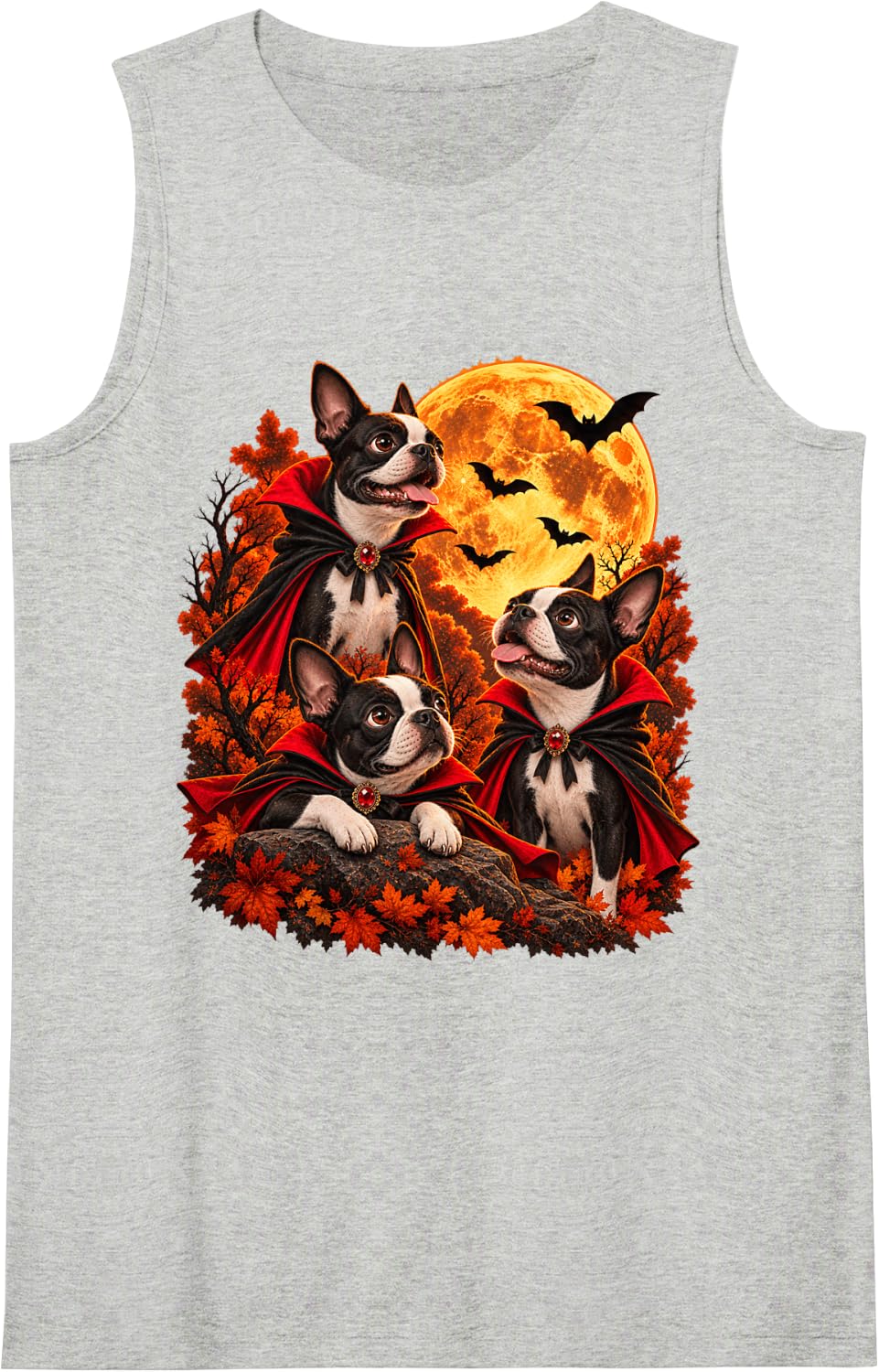 Boston Terrier Halloween Vampire Dogs Spooky Moon Sleeveless Tank Top - Heather Grey
