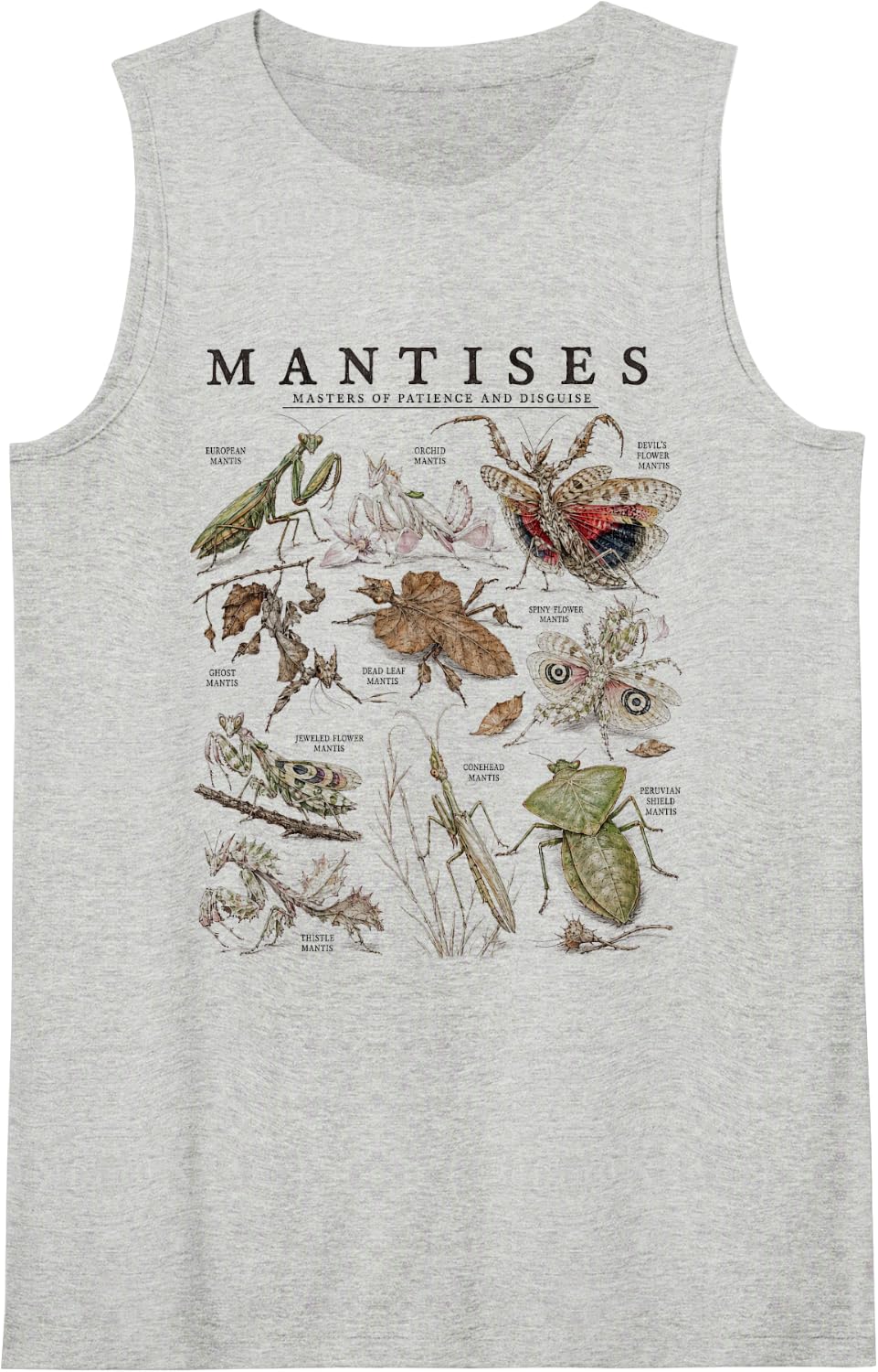 Mantises of The World Chart Entomology Bug Nature Lover Sleeveless Tank Top - Heather Grey