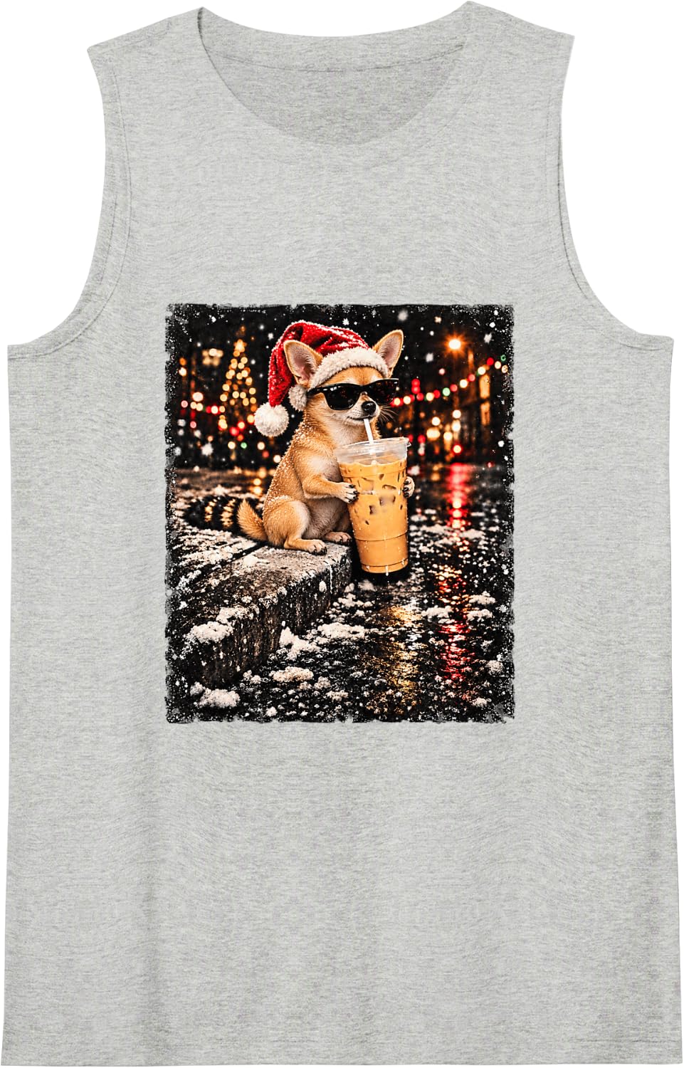 Funny Chihuahua Drinking Iced Coffee Christmas Animal Meme Sleeveless Tank Top - Heather Grey