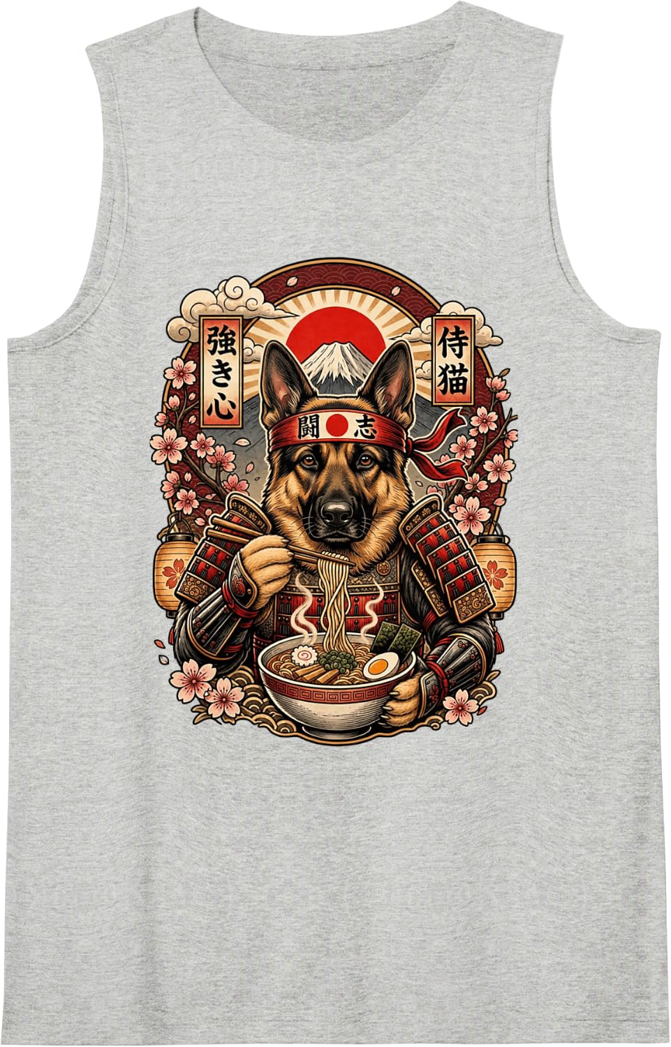 German Shepherd Ramen Noodles Japan Samurai Graphic Sleeveless Tank Top - Heather Grey