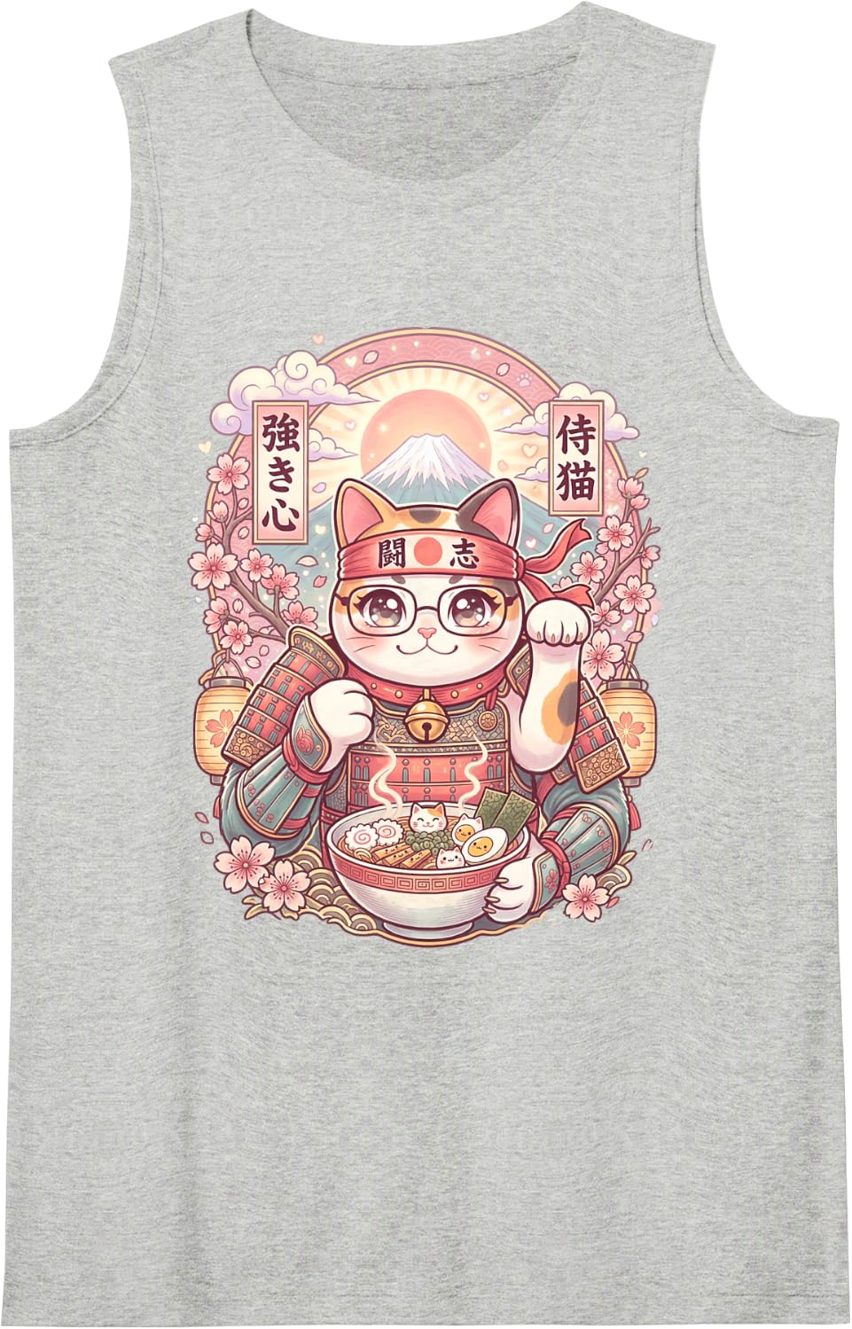 Waving Cat Ramen Kawaii Japan Samurai Graphic Snack Sleeveless Tank Top - Heather Grey